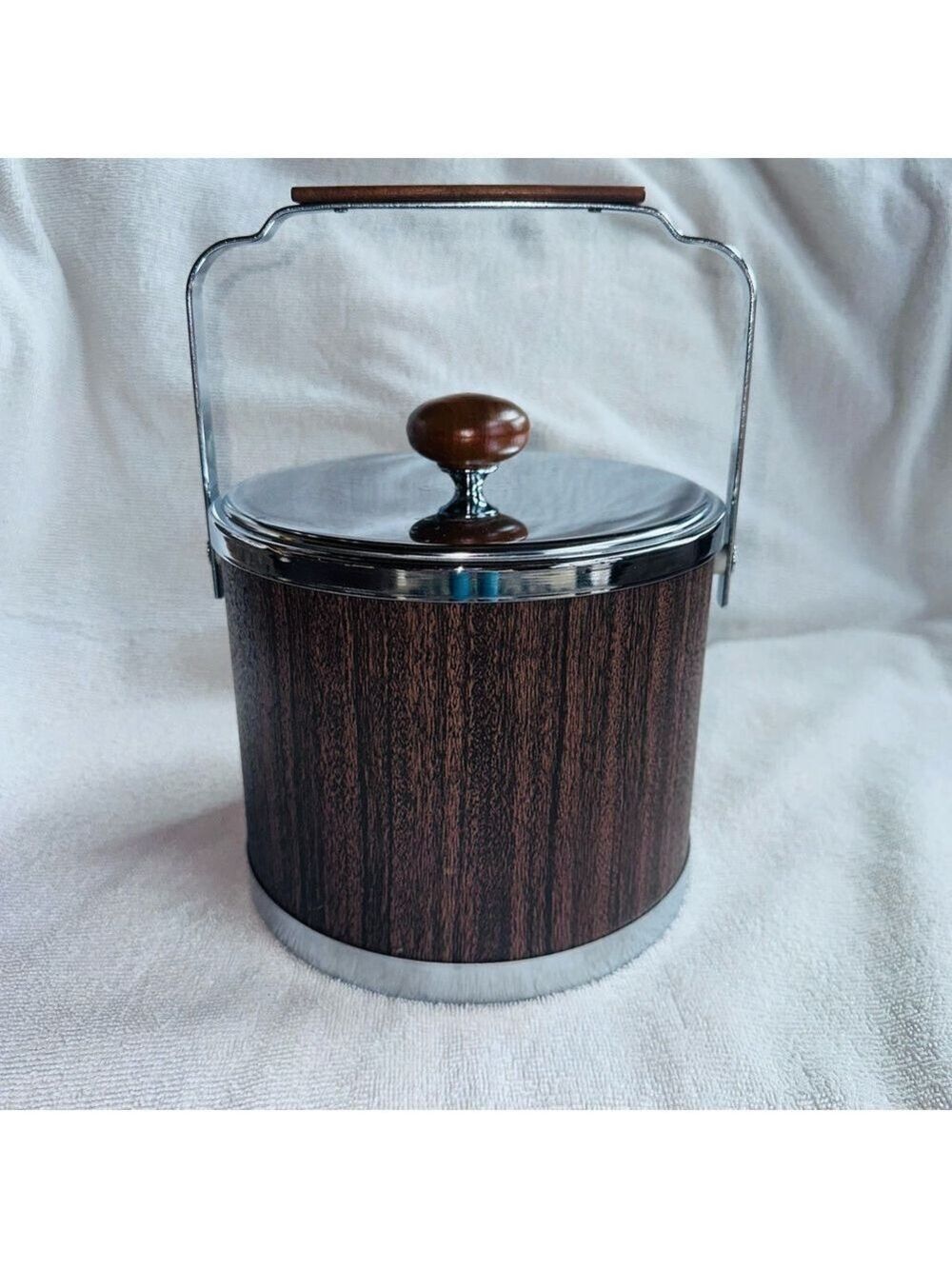 Vintage Atapco MCM Faux Wood Grain Vinyl Chrome Ice Bucket Mid Century USA